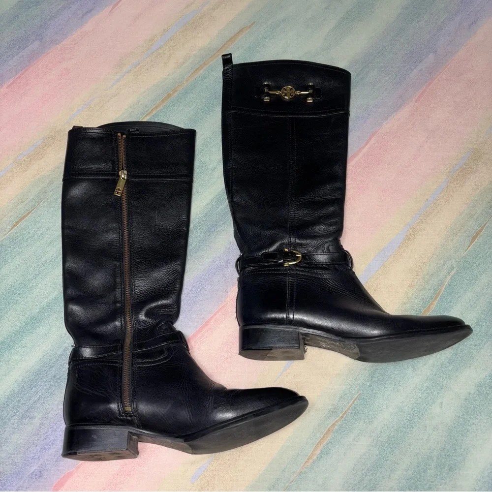 Tory Burch Nadine Riding Boots Black Leather 8.5